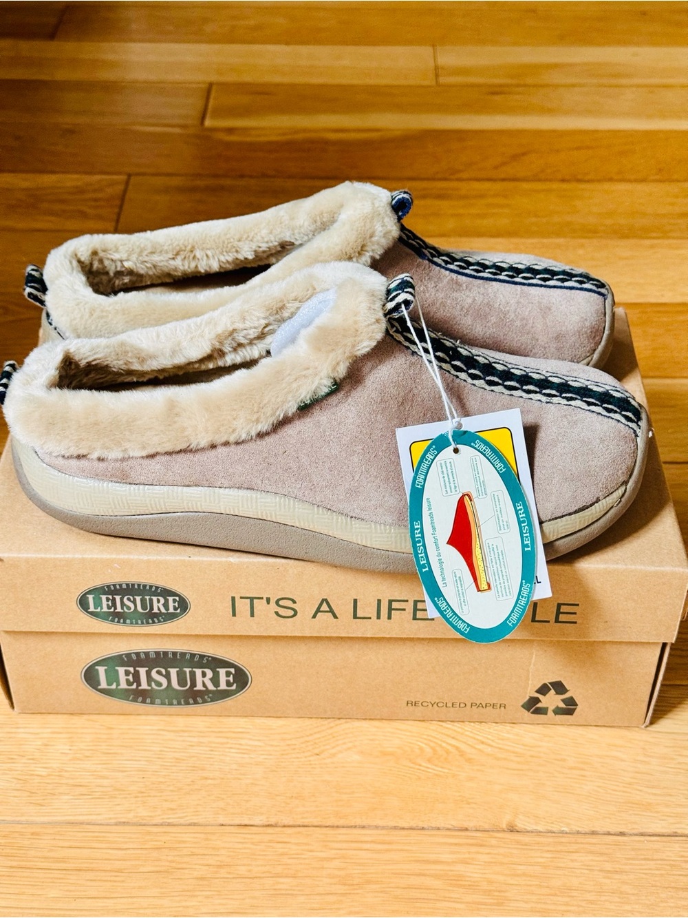 Foamtreads Women's Natural Suede Clog/Slippers with Decorative Trim & Faux Fur